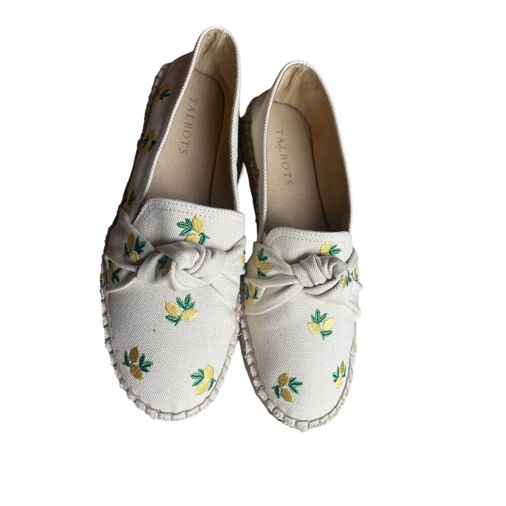 Talbots Izzy Lemon Embroidered Knotted Canvas Espadrille Flats Women’s Size 7M - Picture 2 of 12
